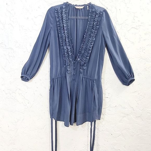 Rebecca Taylor silk ruffle shirt mini dress Top W/ Waist tie  blue size small 2 - Picture 4 of 16